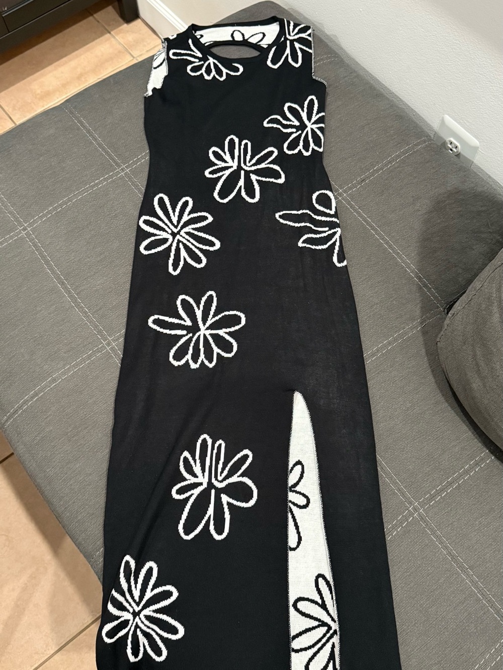 Black Floral Knit Maxi Dress with Side Slit